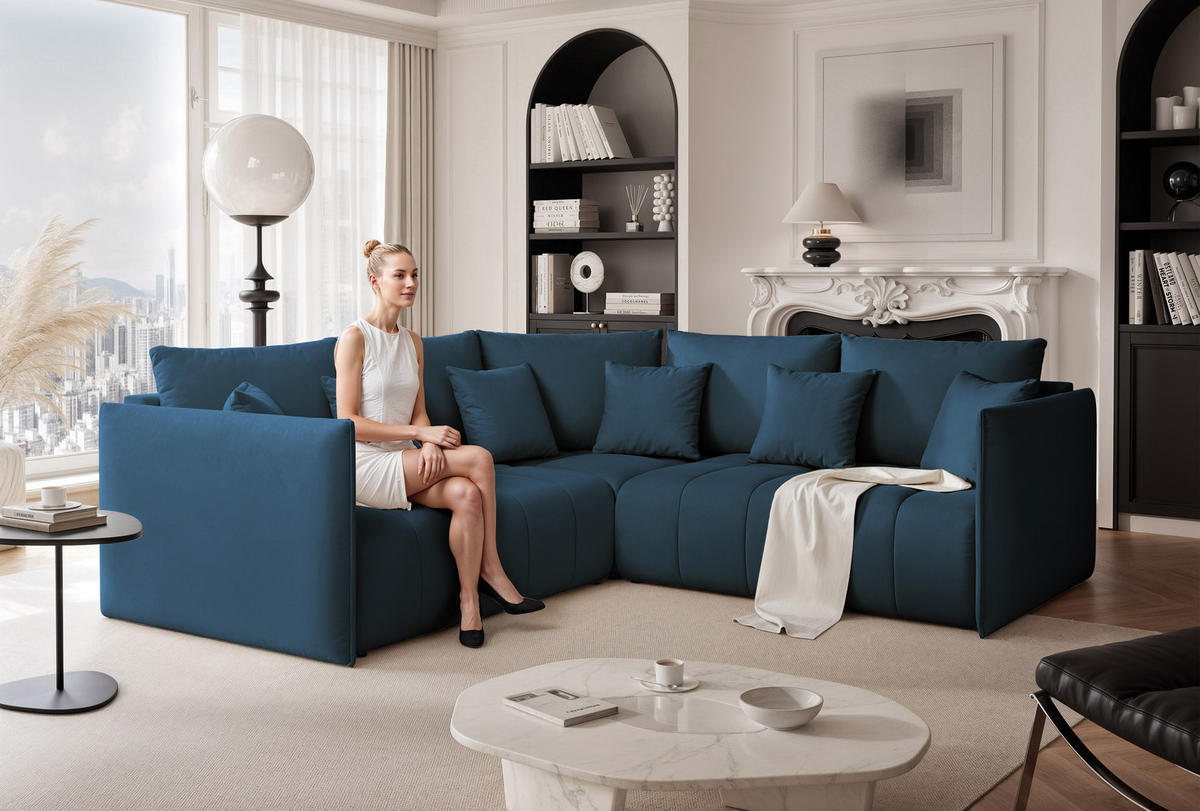 ECKSOFA OLIMPIA mit Schlaffunktion und Bettkasten Marineblau - Dunkelblau, Holzwerkstoff/Kunststoff (235/230cm) - Idohome