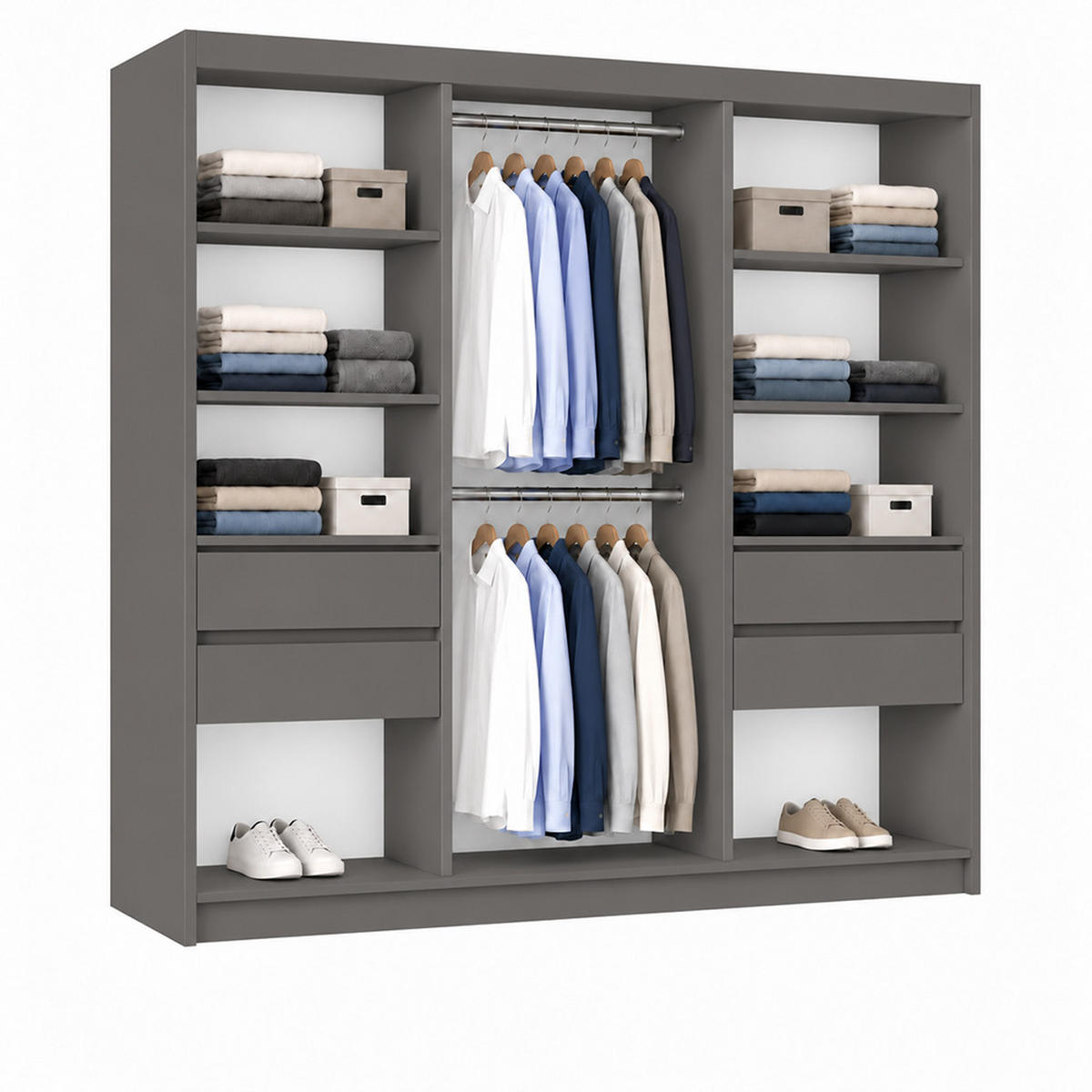 KLEIDERSCHRANK Gloria 200 cm Graphit Spiegel 2 Schubl. Griffe silber - Graphitfarben, Holzwerkstoff (200/216/61cm) - KS Home Concept
