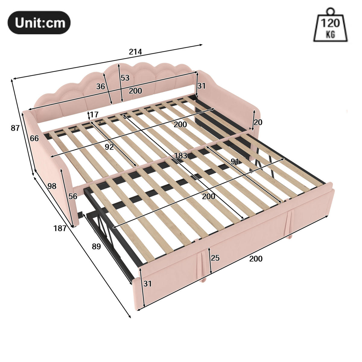 TAGESBETT 90/200 cm rosa mit ausziehbarem Bett und LED-Beleuchtung - Rosa, Textil (90/200cm) - OKWISH