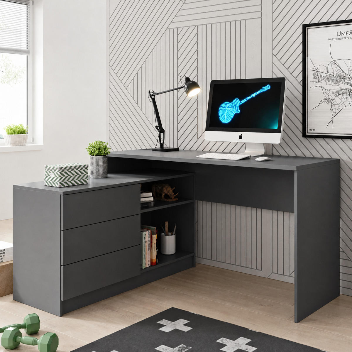 SCHREIBTISCH KAJA 138 cm Graphit - mit Seitenmodul, 3 Schubladen und 2 Fächern - Graphitfarben, Holz/Holzwerkstoff (110/138/76cm) - Ravio