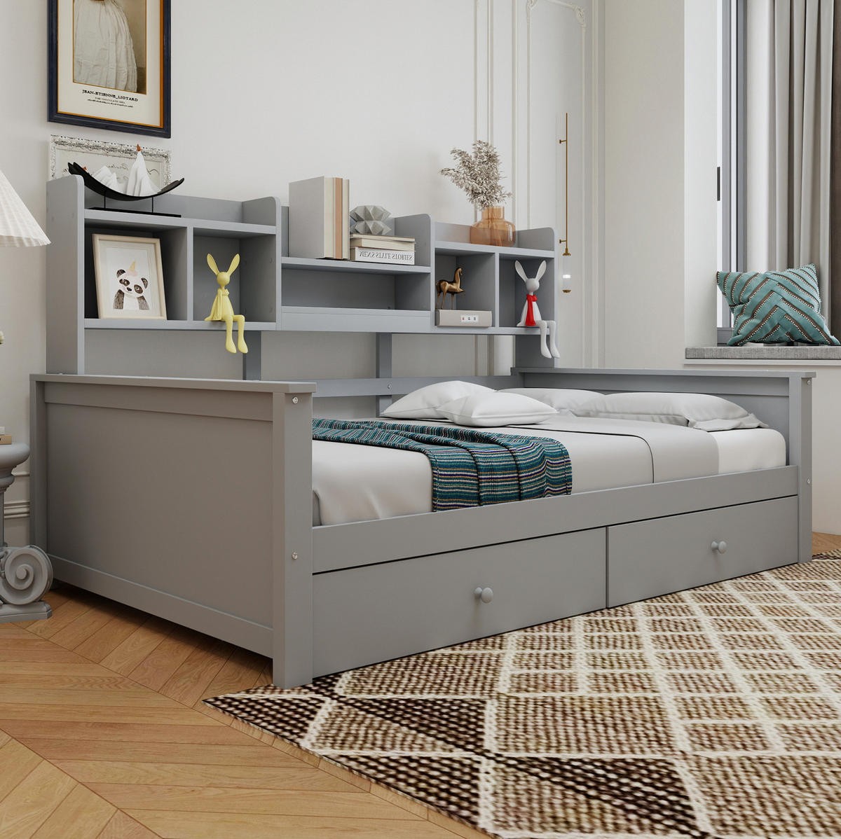 KINDERBETT 90/200 cm als Schlafsofa mit 2 Schubladen, Seitenregalen und Lattenrost aus Massivholz, Grau/Weiß - Grau, Holzwerkstoff (90/200cm) - Redom