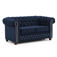 CHESTERFIELD-SOFA 2-Sitzer mit Schlaffunktion Cleo Blink Marineblau Samt mit Kristallsteppung und braunen Massivholzfüßen - Blau/Braun, Holz/Textil (148/72/86cm) - S-Style Möbel
