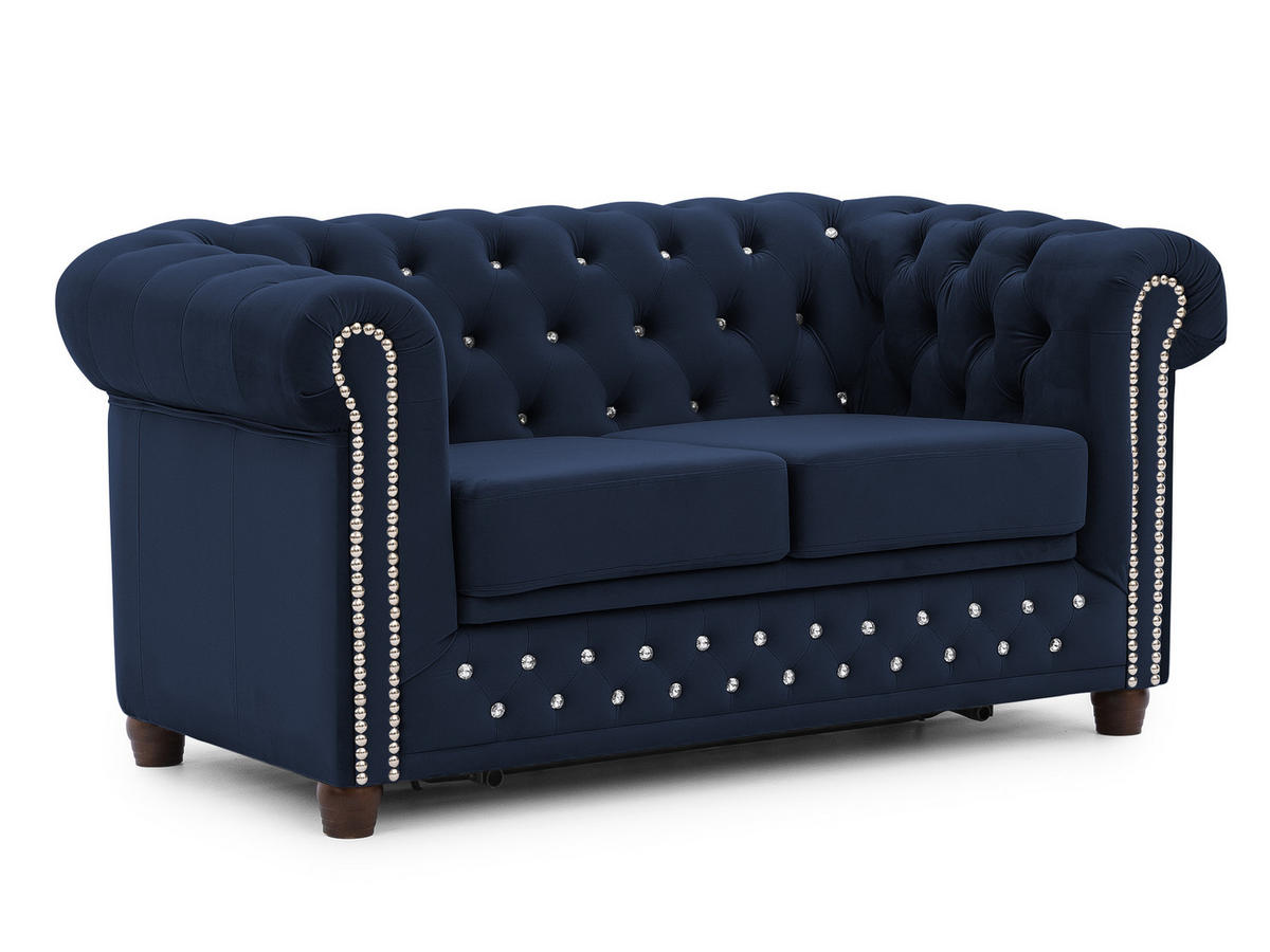 CHESTERFIELD-SOFA 2-Sitzer mit Schlaffunktion Cleo Blink Marineblau Samt mit Kristallsteppung und braunen Massivholzfüßen - Blau/Braun, Holz/Textil (148/72/86cm) - S-Style Möbel