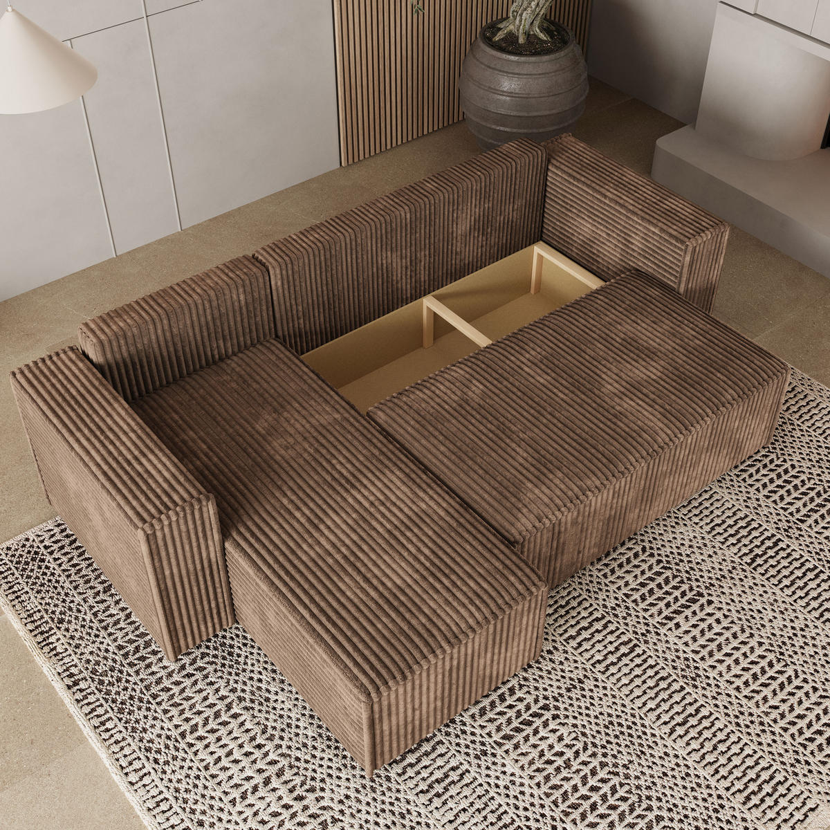 ECKSOFA RAVELO T Beige Kordstoff mit Schlaffunktion - Beige, Holz (240/140cm) - MASSENO