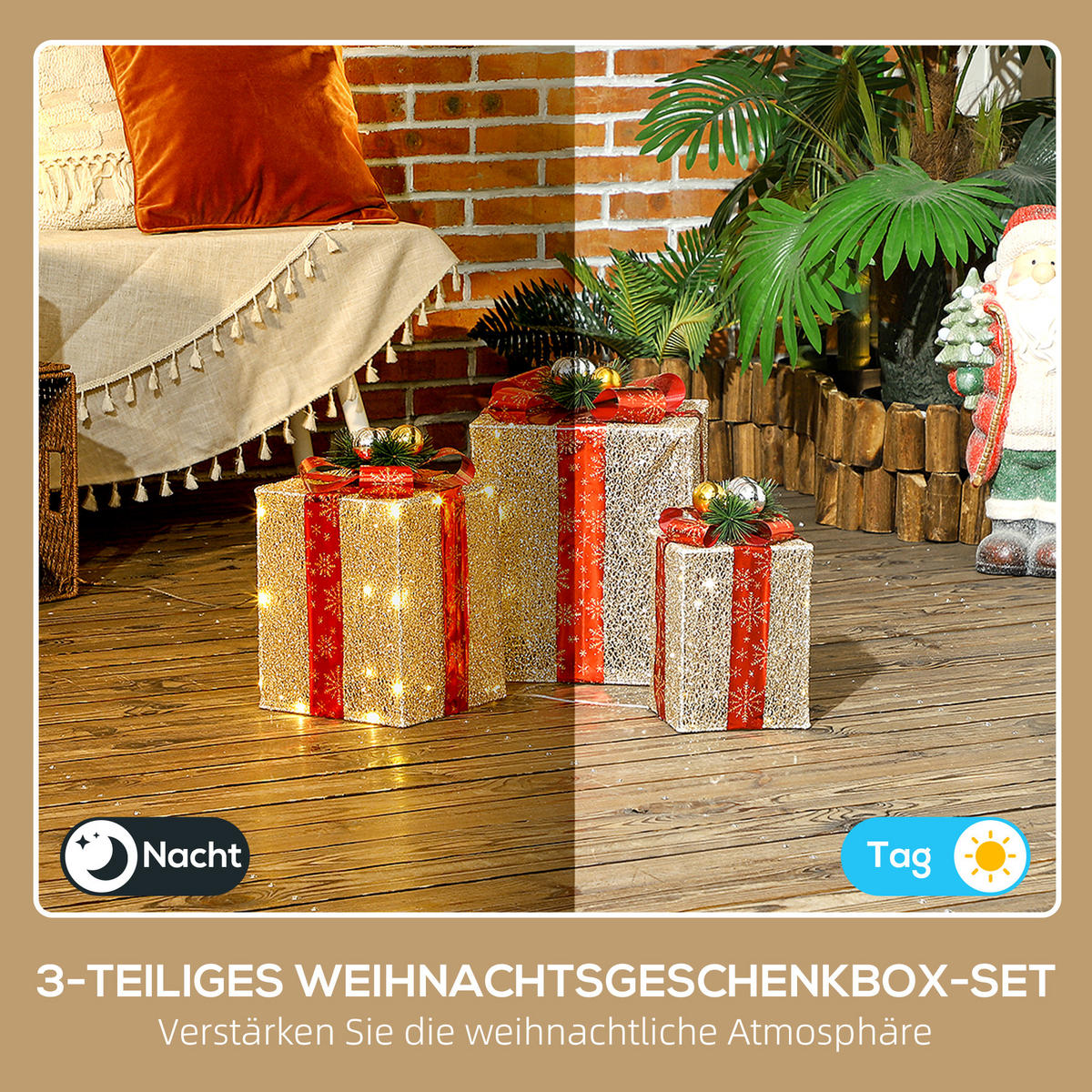 WEIHNACHTS-GESCHENKBOXEN-SET für Innen- und Außendekoration, mit 58 LED-Lichtern, Goldton - Goldfarben, Kunststoff/Metall (25.5/35/25.5cm) - Outsunny