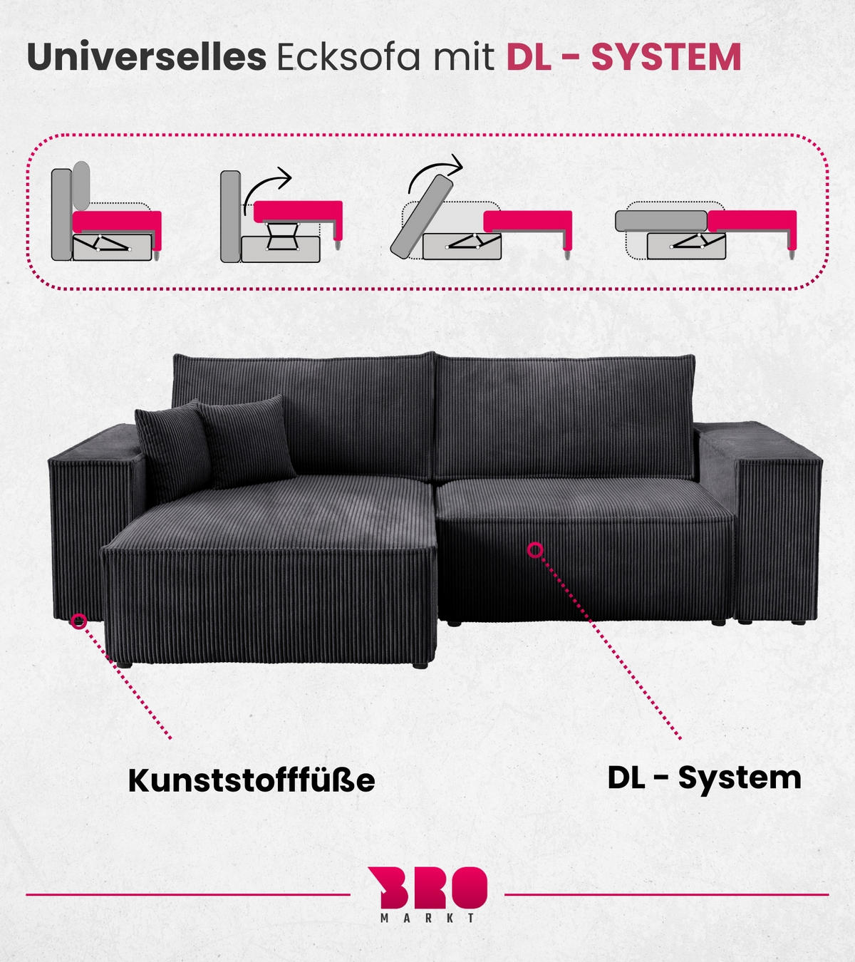ECKSOFA Pedro mit Schlaffunktion Schwarz Cord - Schwarz, Textil (255/153cm) - Bromarkt