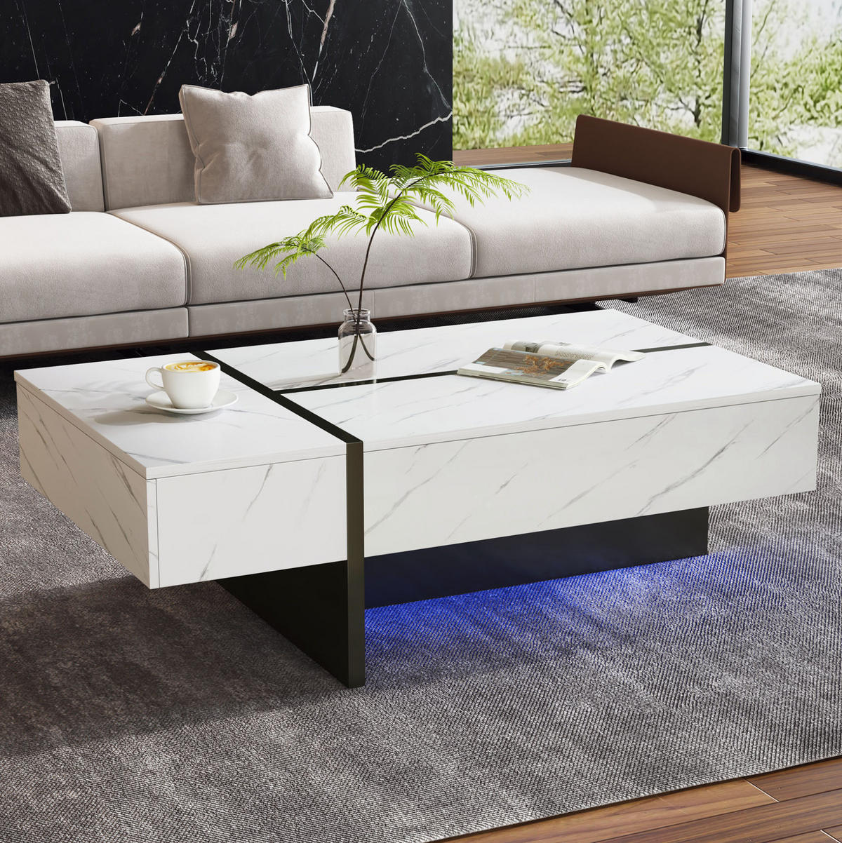 COUCHTISCH 105/60/35 cm Weiß aus Spanplatte mit 3 Schubladen und LED-Beleuchtung - Weiß, Holzwerkstoff (105/60/35cm) - OKMYHOME