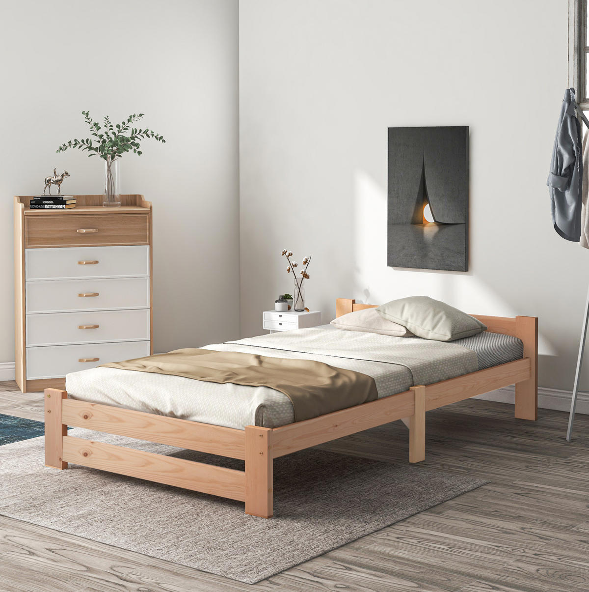 POSTEL 90/200 cm přírodní z masivního dřeva s čelem a lamelovým roštem - přírodní, dřevo (90/200cm) - OKWISH