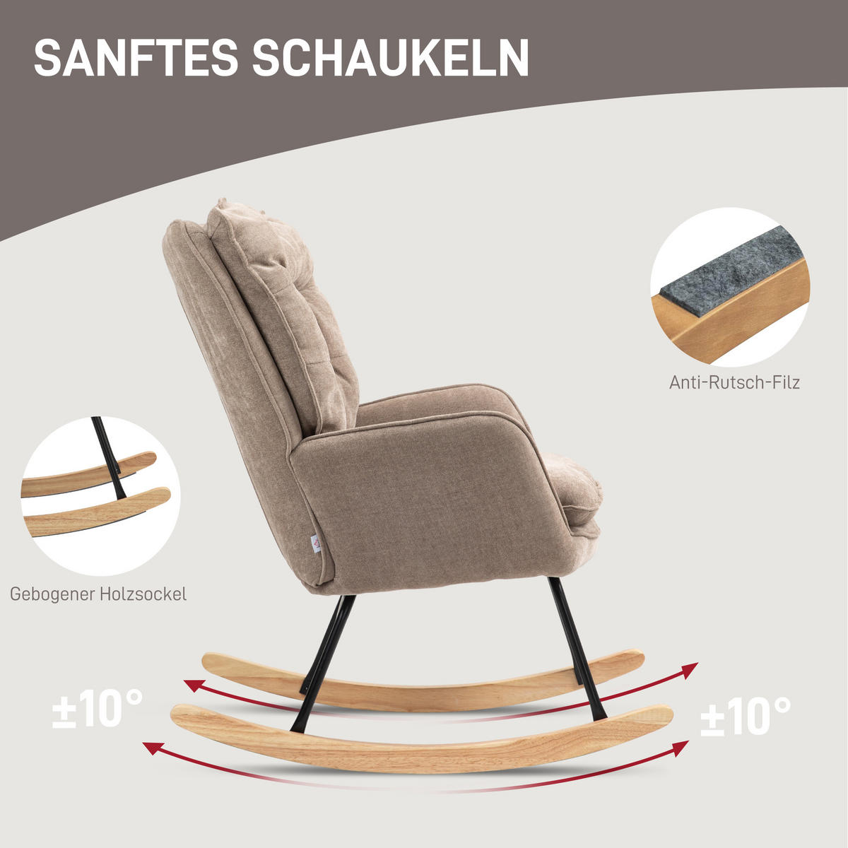 SCHAUKELSTUHL Schwingsessel Armlehnsessel mit Chenilleoptik für Schlafzimmer - Braun/Naturfarben, Holz/Textil (98.5/97/71cm) - HOMCOM