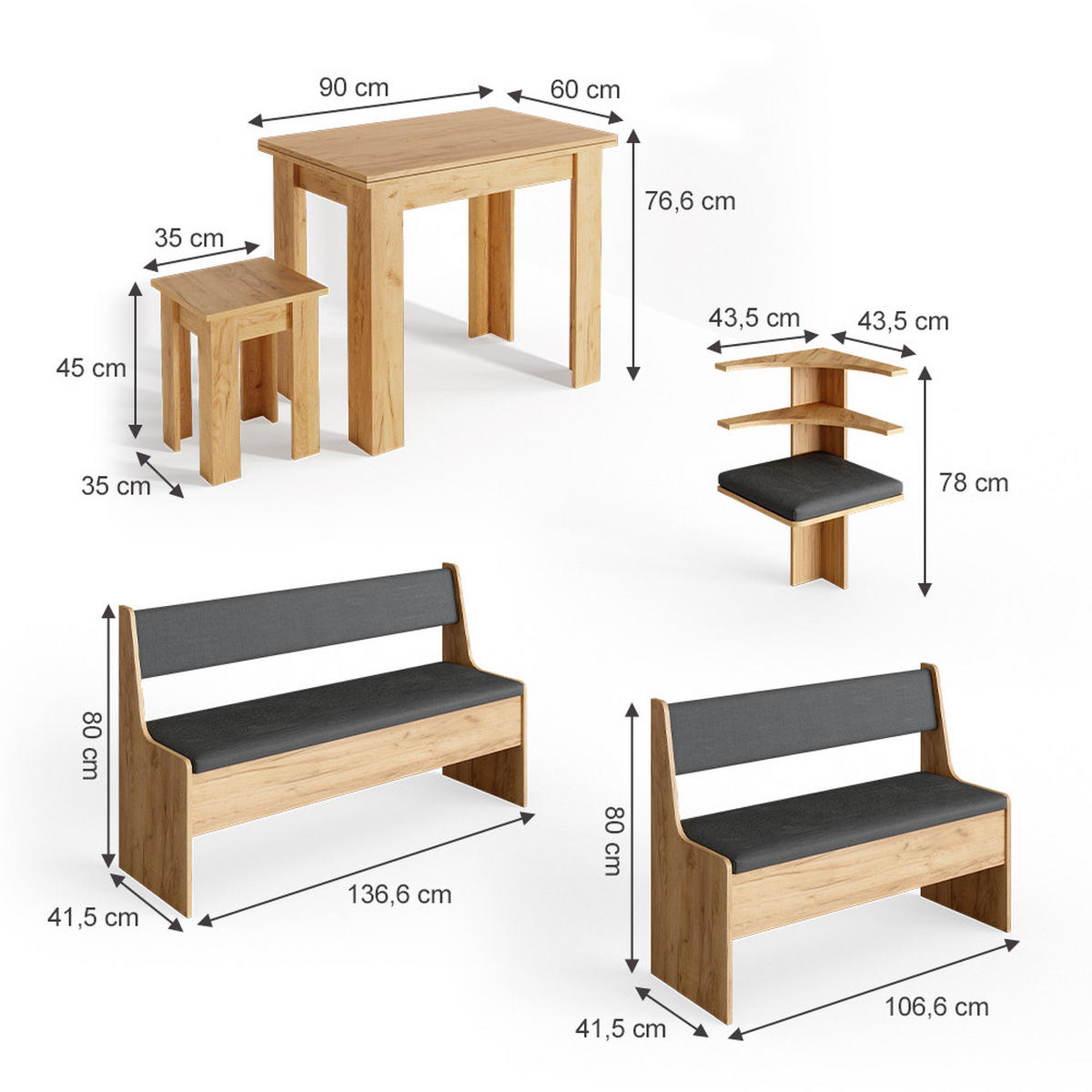 ECKBANKGRUPPE Roman Goldkraft Eiche 180 x 41.5 cm mit Tisch - Honigeiche/Anthrazit, Holzwerkstoff (180/80/150cm) - Vicco