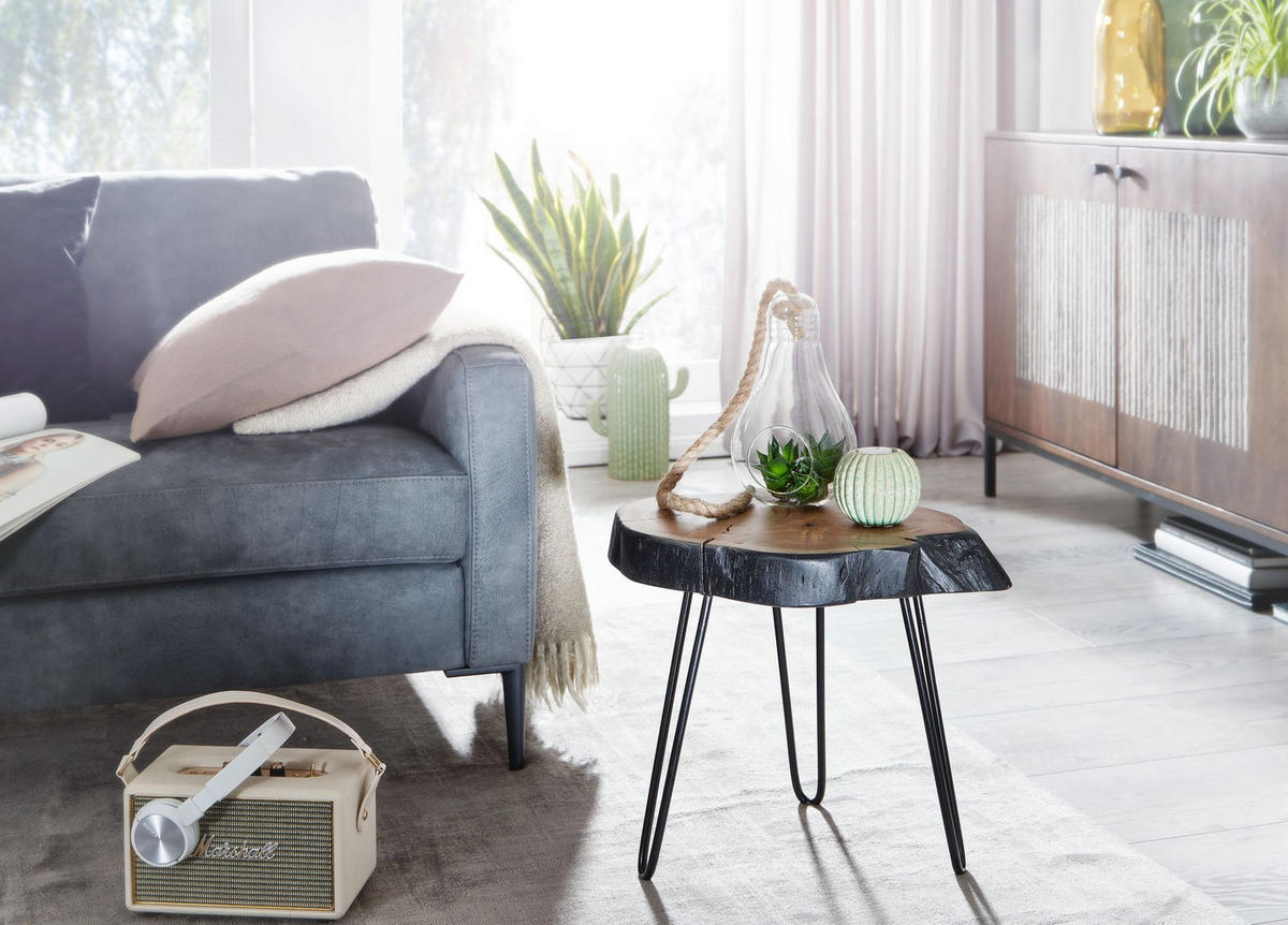 BEISTELLTISCH – Massivholz Natur Baumkante handgefertigt Industrial - Beige/Schwarz, Holz/Metall (32/40/40cm) - KADIMA DESIGN