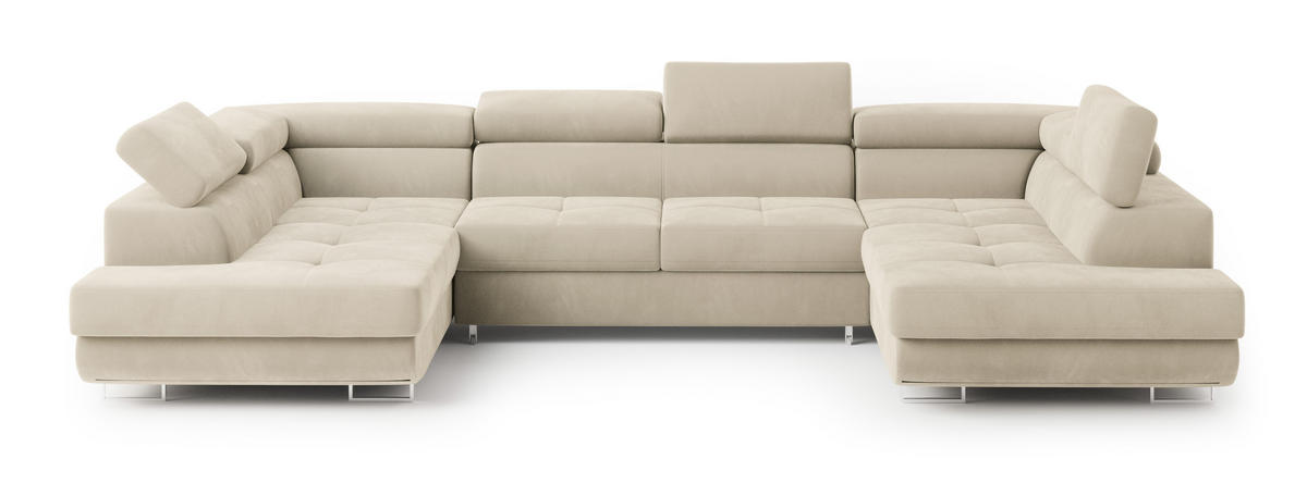 WOHNLANDSCHAFT RAGGIO Creme Velours-Stoff mit Schlaffunktion - Creme, Holz (336/90/202cm) - MASSENO