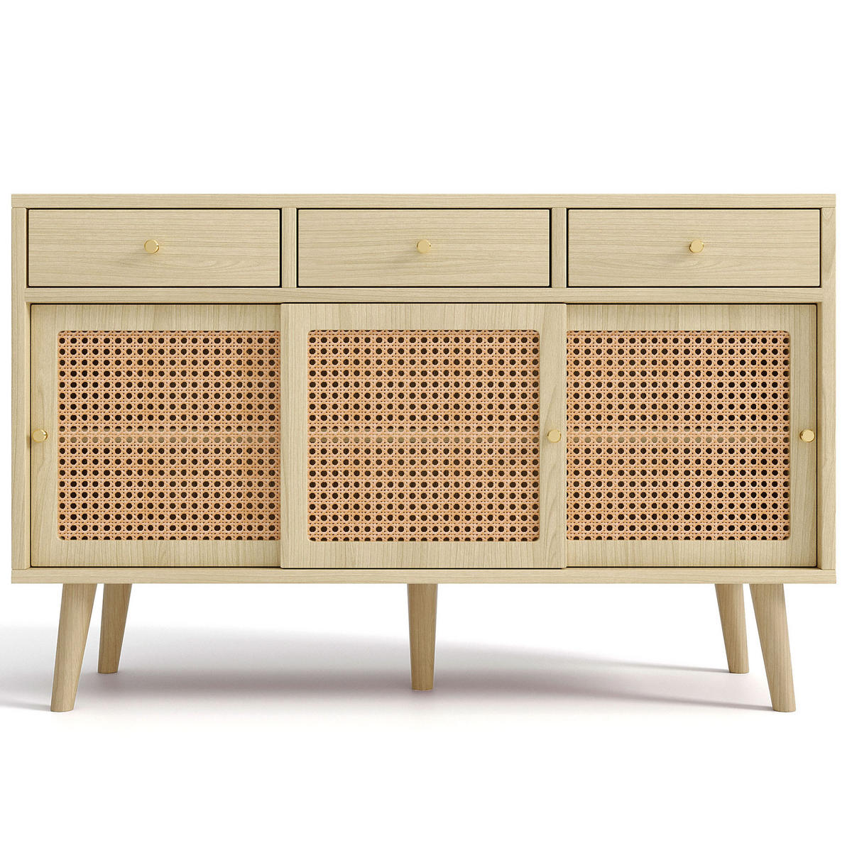 SIDEBOARD 120/40/78 cm mit 3 Schubladen, 3 Schiebetüren & Rattanfronten - Eichefarben, Holzwerkstoff (120/78/40cm) - BEAOK