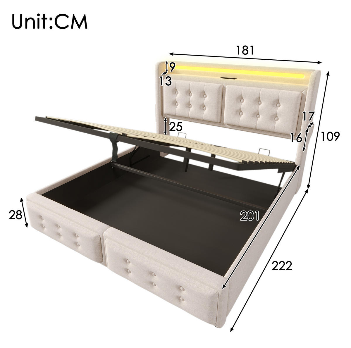 POLSTERBETT 180/200 cm mit Bettkasten, LED & USB/Typ-C, gepolstertes Kopfteil, Beige - Beige, Textil (180/200cm) - Redom