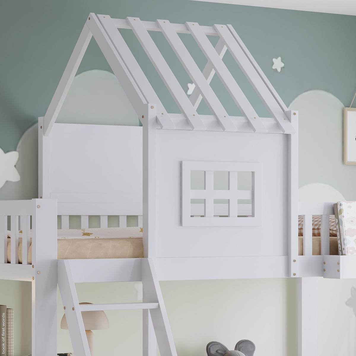 ETAGENBETT 90/200 cm Weiß mit Schubladen, Dach und Lesetisch aus Kiefer und MDF - Weiß, Holzwerkstoff (90/200cm) - OKWISH