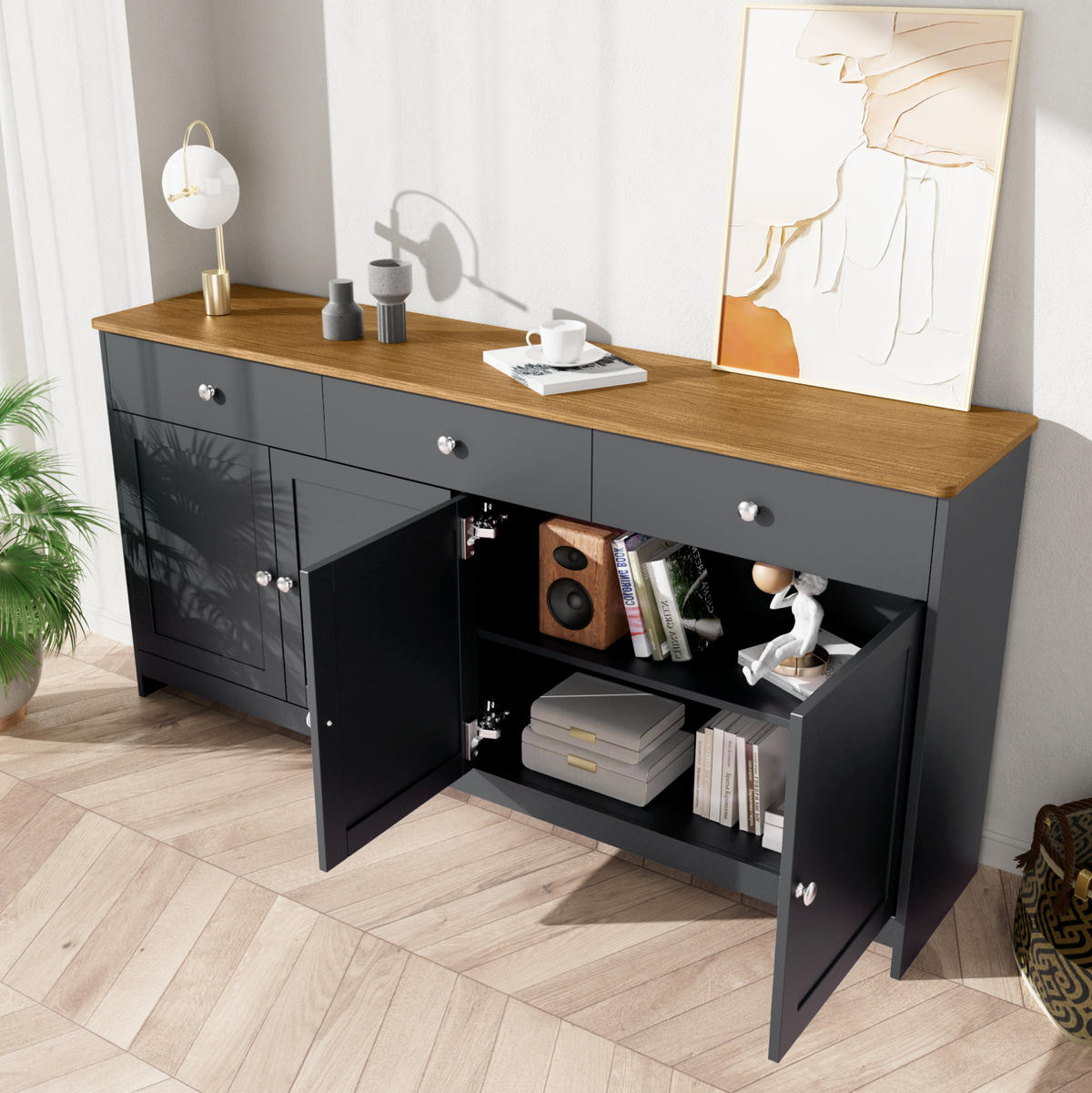 SIDEBOARD im Landhausstil aus MDF mit Holzplatte, 3 Schubladen und 4 Türen, 160/37/75 cm, grauschwarz und holzfarben - Grau, Holzwerkstoff (160/75/37cm) - Redom