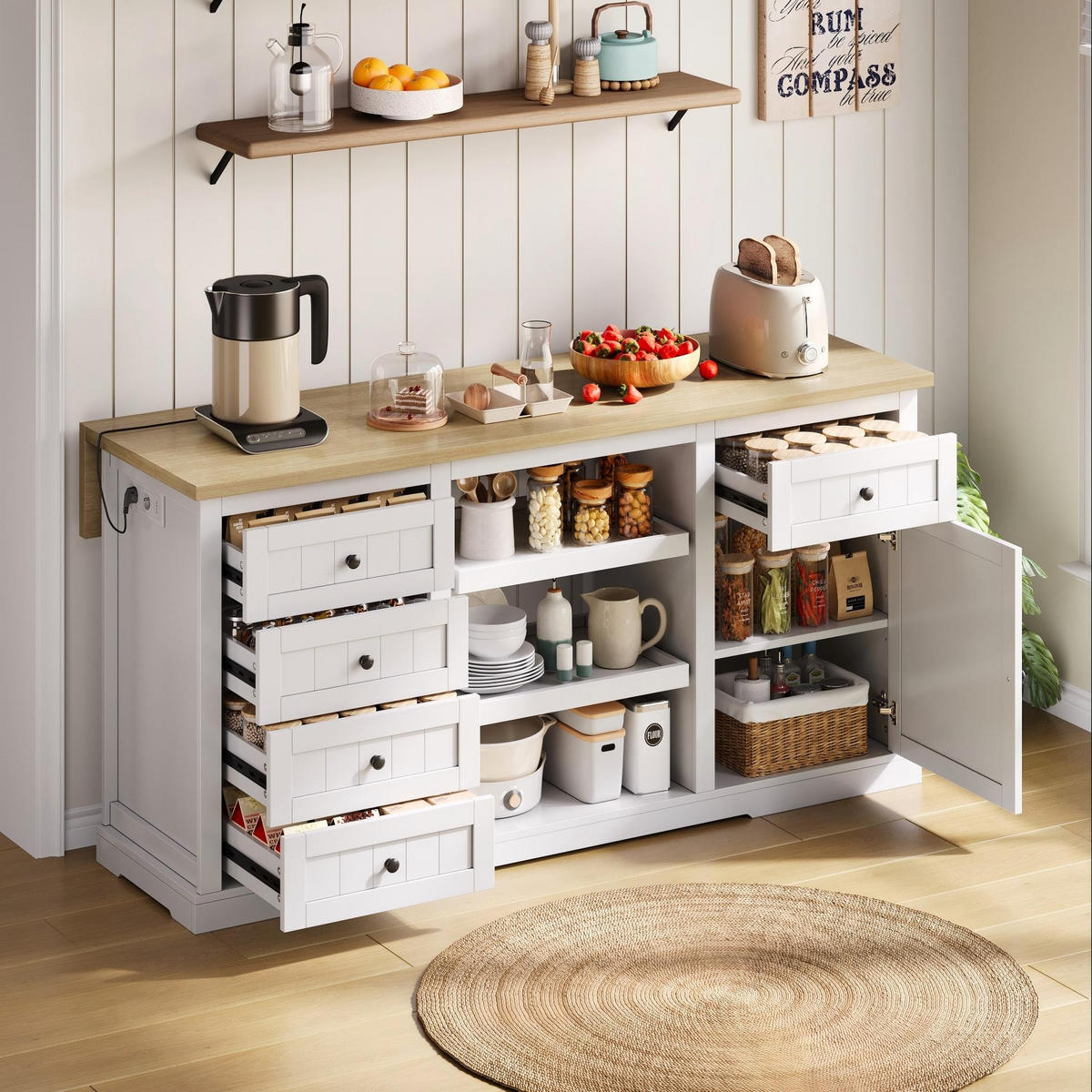 BUFFET 150/65/75,5 cm natur/weiß aus MDF mit Klappplatte und Steckdosen - Naturfarben, Holzwerkstoff (150/75.5/65cm) - OKWISH