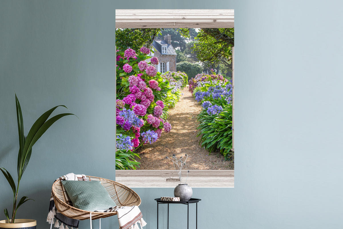 WANDTATTOO Hortensie - Fensterblick - Blumen - Sommer - Lila - Weg 80x120 cm - Lila, Kunststoff (80/120/0.1cm) - MuchoWow