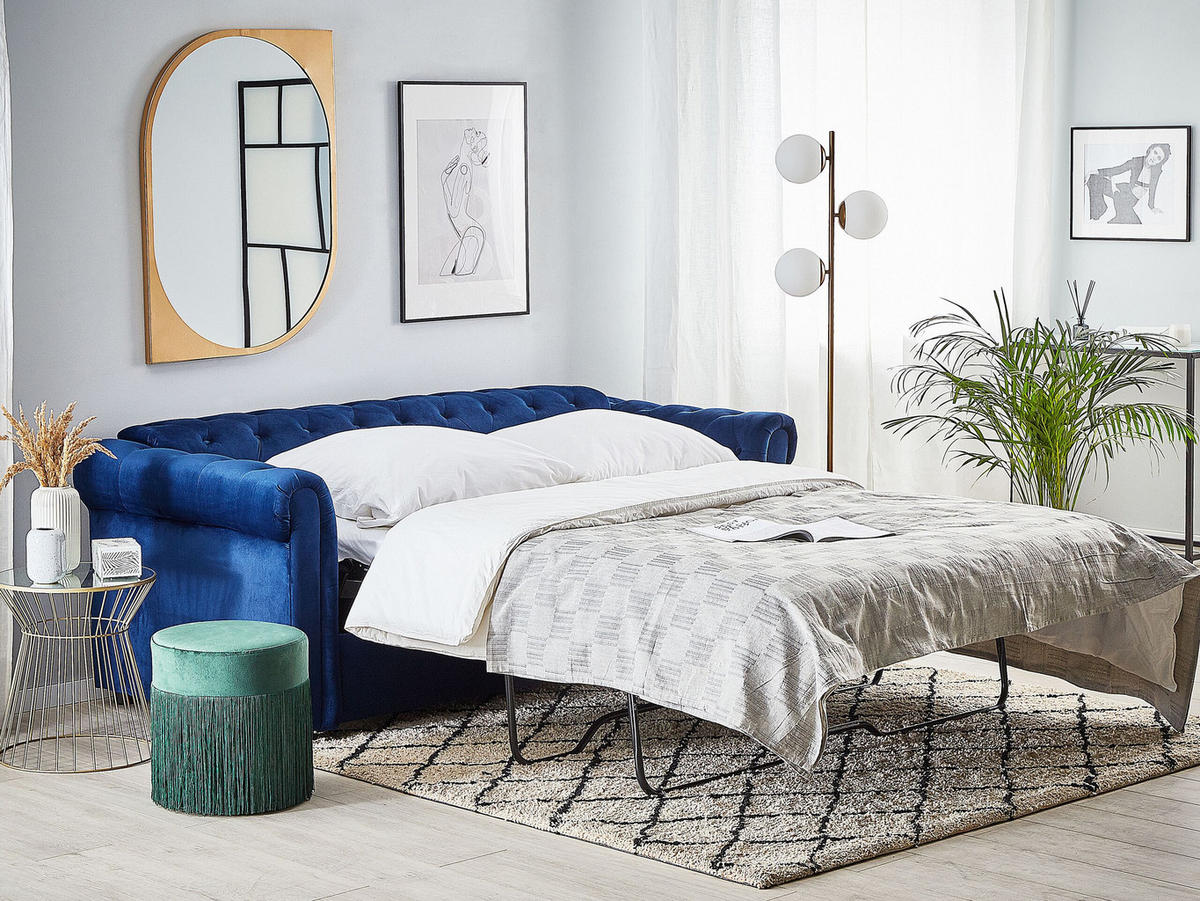 3-SITZER-SCHLAFSOFA Samtstoff Kobaltblau Chesterfield - Hellblau, Textil (200/75/90cm) - Beliani