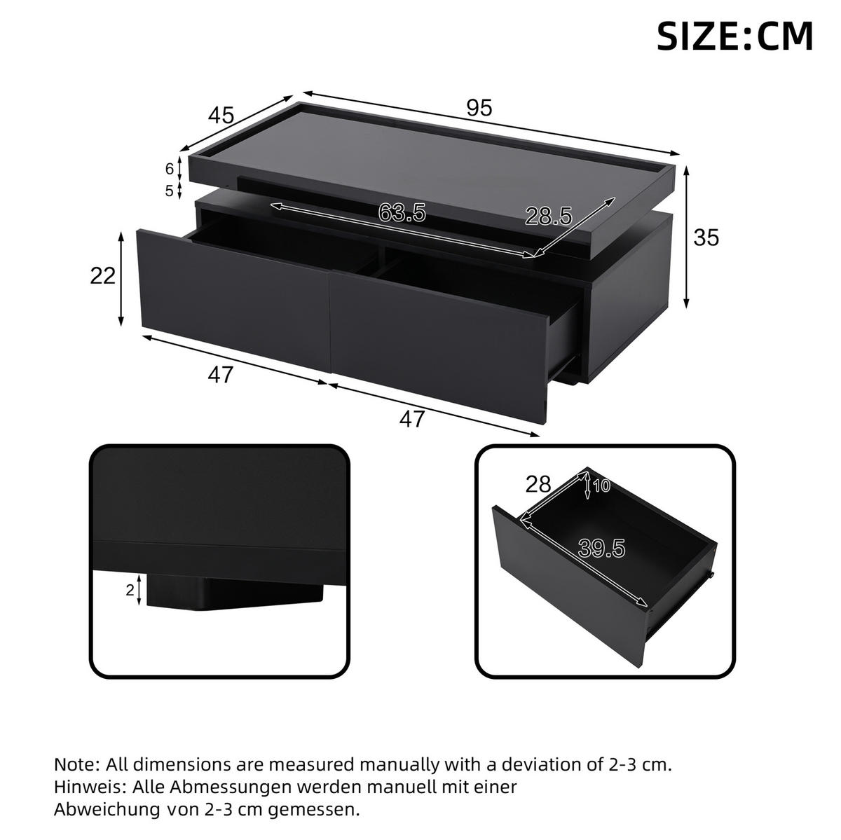 COUCHTISCH 95/45/35 cm in Schwarz Hochglanz mit LED-Beleuchtung und 2 Schubladen - Schwarz, Holzwerkstoff (95/45/35cm) - Flora Grace