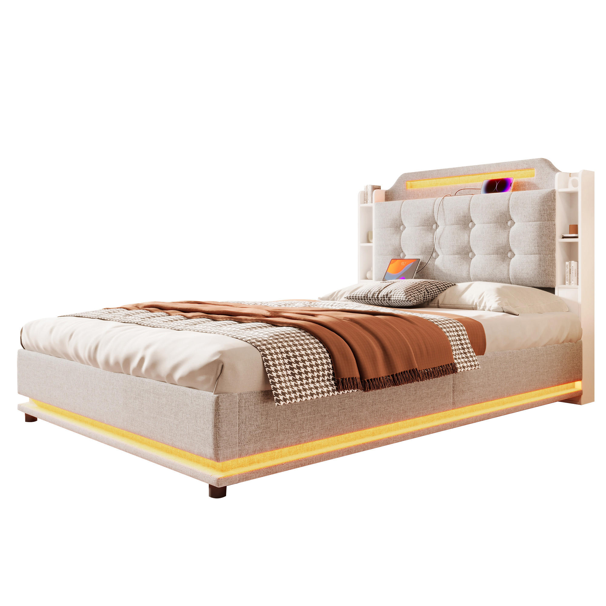 POLSTERBETT 140/200 cm beige mit hydraulischem Stauraum und LED-Lichtleiste - Beige, Textil (140/200cm) - OKWISH