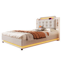 POLSTERBETT 140/200 cm beige mit hydraulischem Stauraum und LED-Lichtleiste - Beige, Textil (140/200cm) - OKWISH