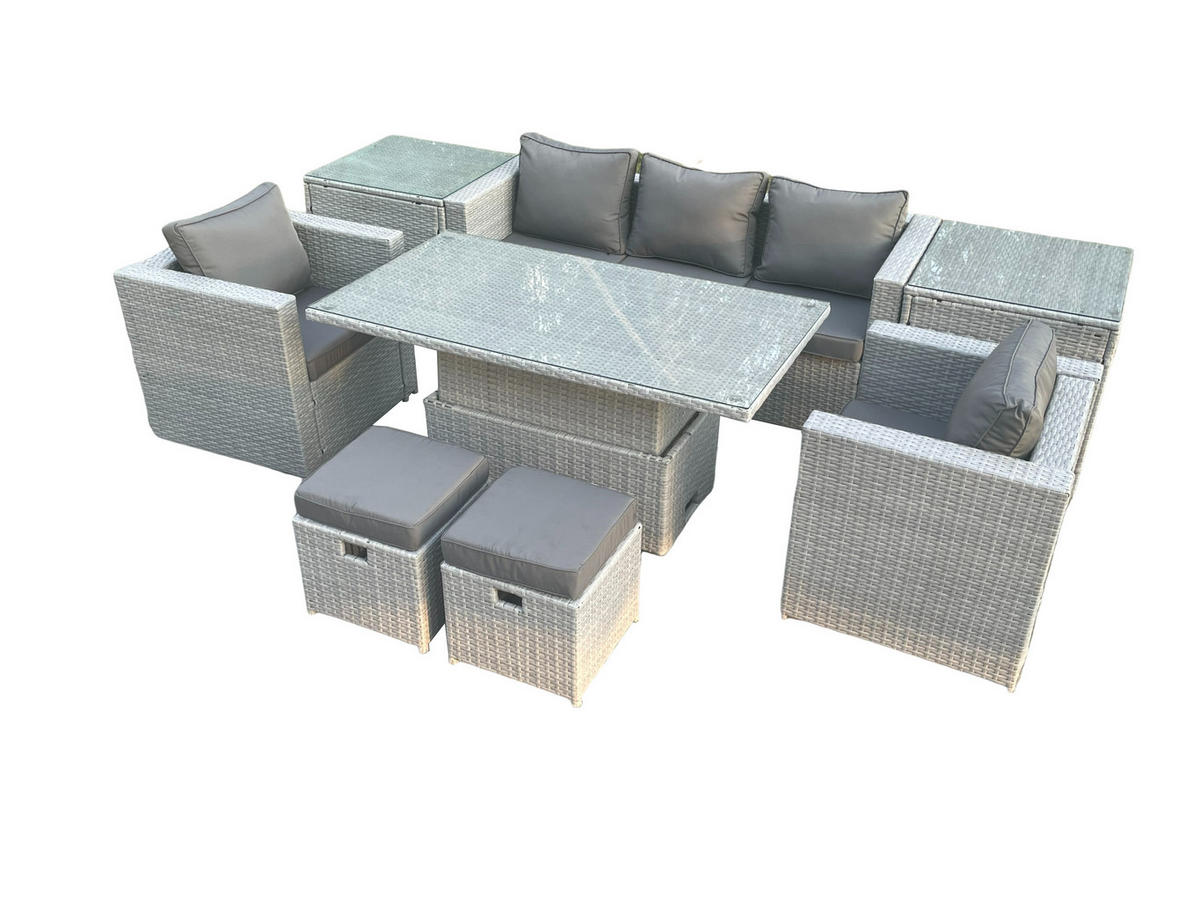 GARTENMÖBEL SET mit höhenverstellbarer Tisch Polyrattan Helles Grau 8-teilige - Hellgrau, Metall - Fimous
