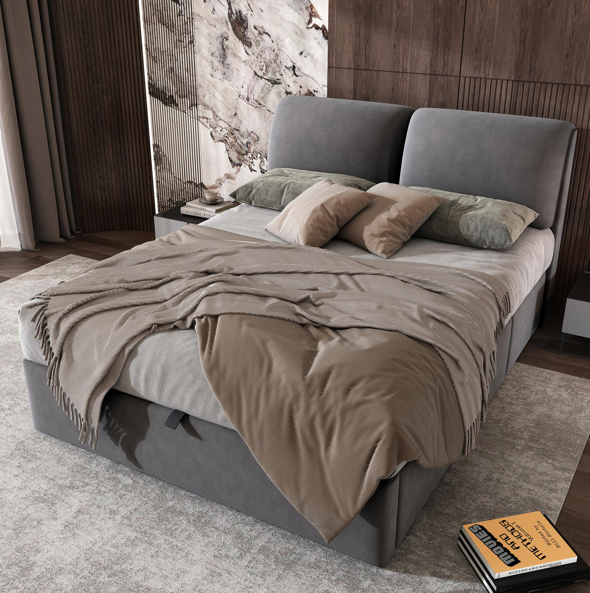 POLSTERBETT aus Samt 140x200 cm Grau mit Bettkasten, 3 Schubladen und hydraulischer Öffnung - Grau, Textil (140/200cm) - IVMEU