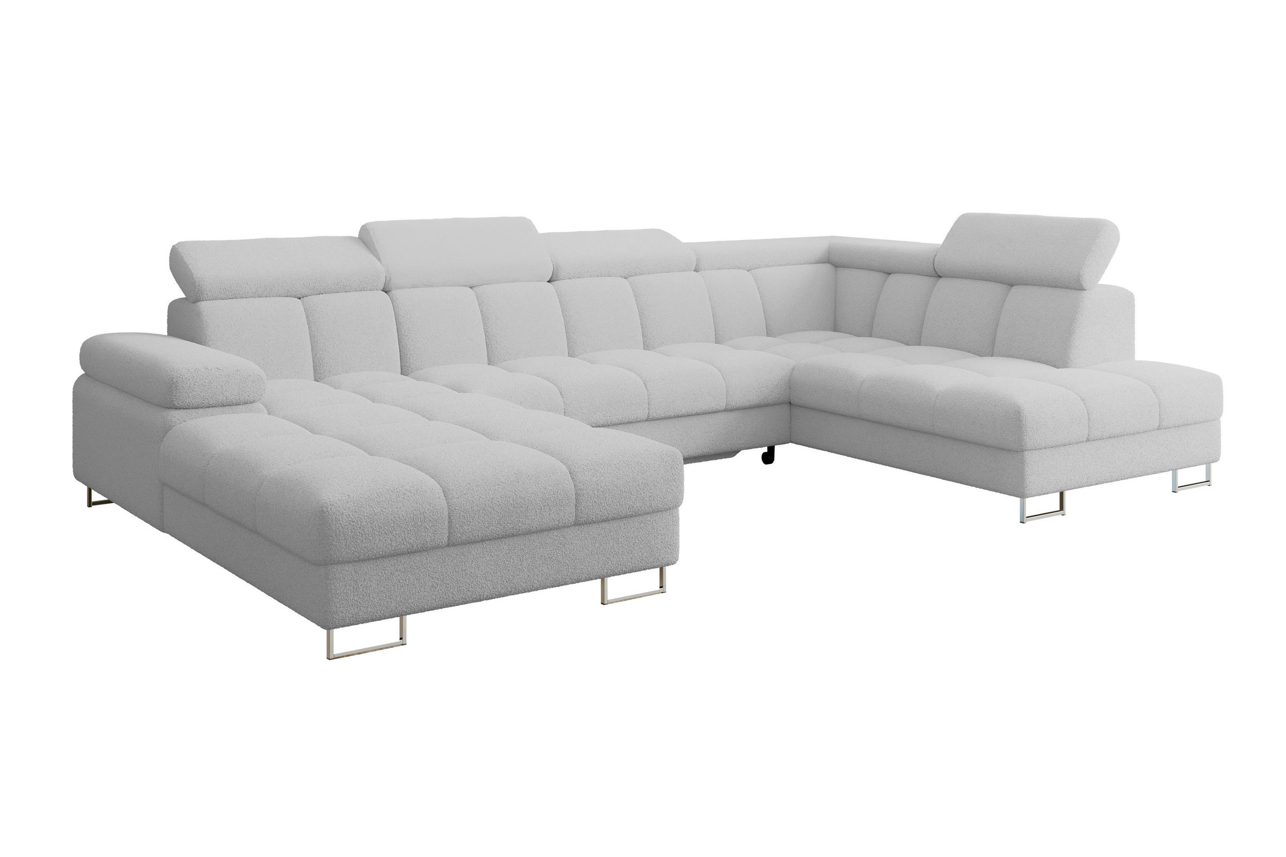 WOHNLANDSCHAFT mit Schlaffunktion und Bettkasten Ottomane RECHTS COMA U 345x203x79 Hellgrau Bouclé - Edelstahlfarben, Holzwerkstoff/Textil (203/79/345cm) - ALTDECOR