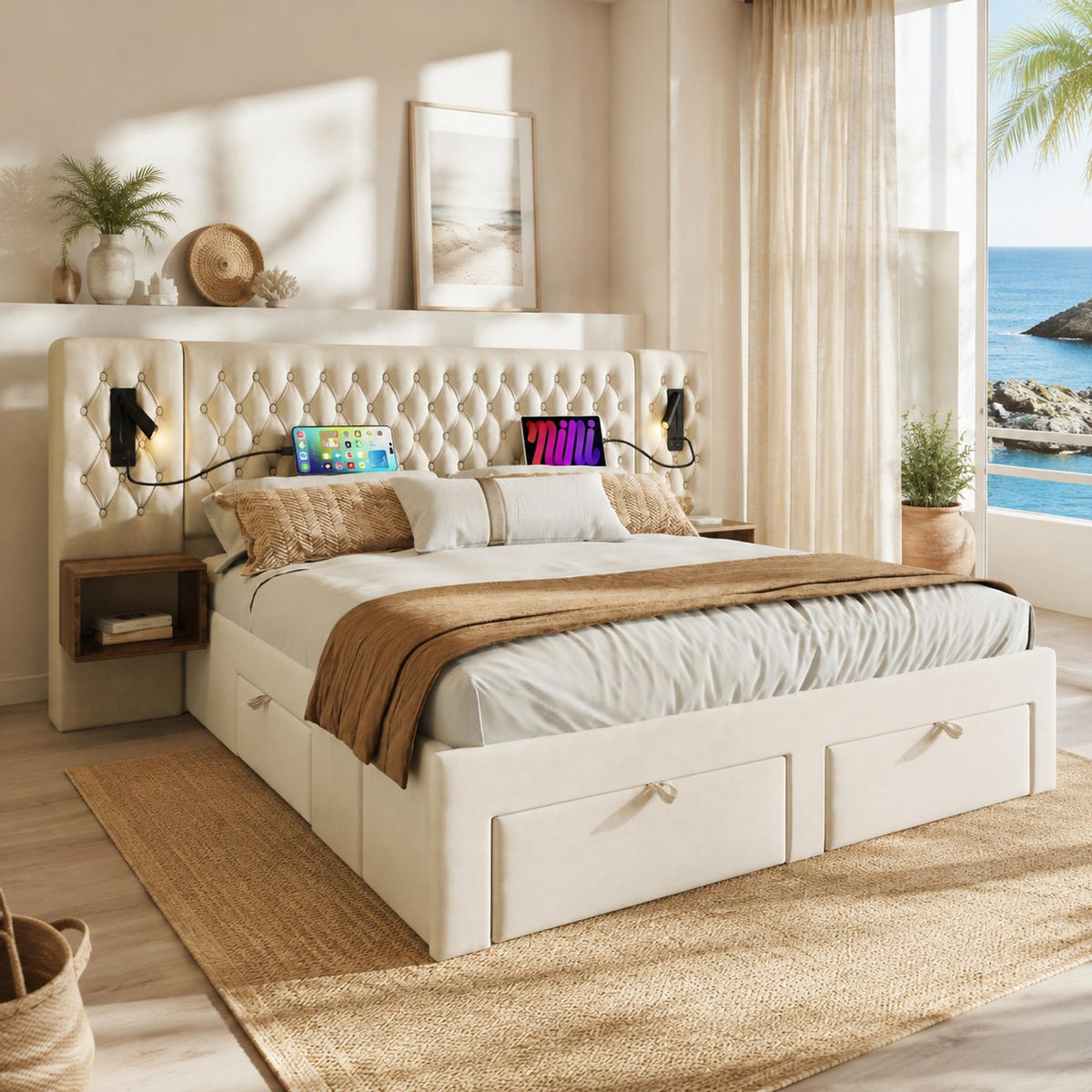 POLSTERBETT 160/200 mit Nachttischen, Schubladen und USB & Type-C in Beige - Beige, Holzwerkstoff/Textil (160/200cm) - EVRYAE