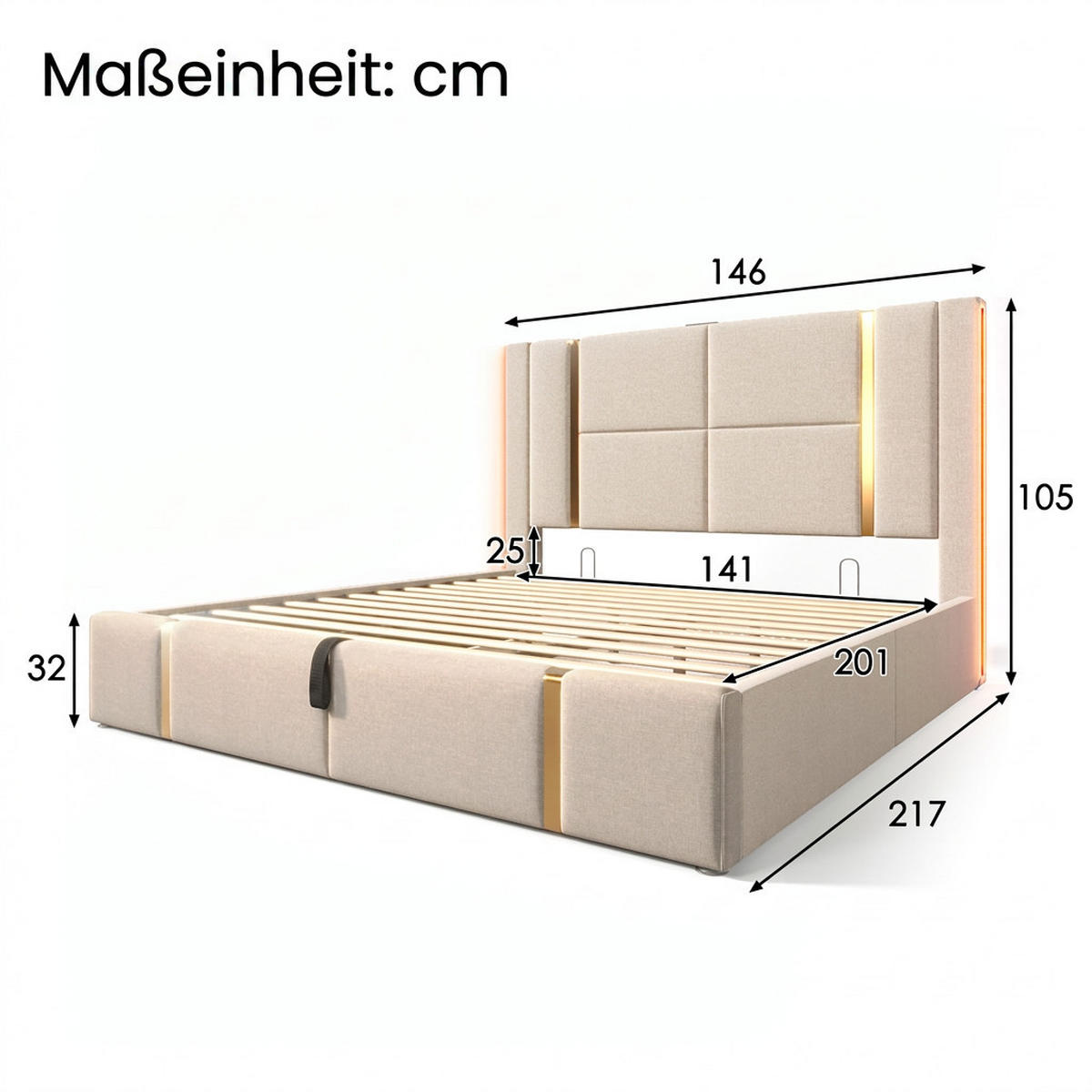 POLSTERBETT 140/200 cm Beige mit USB Type C Ladefunktion und APP-Control LED, Ohne Matratze - Beige, Holz/Textil (140/200cm) - Oxeza