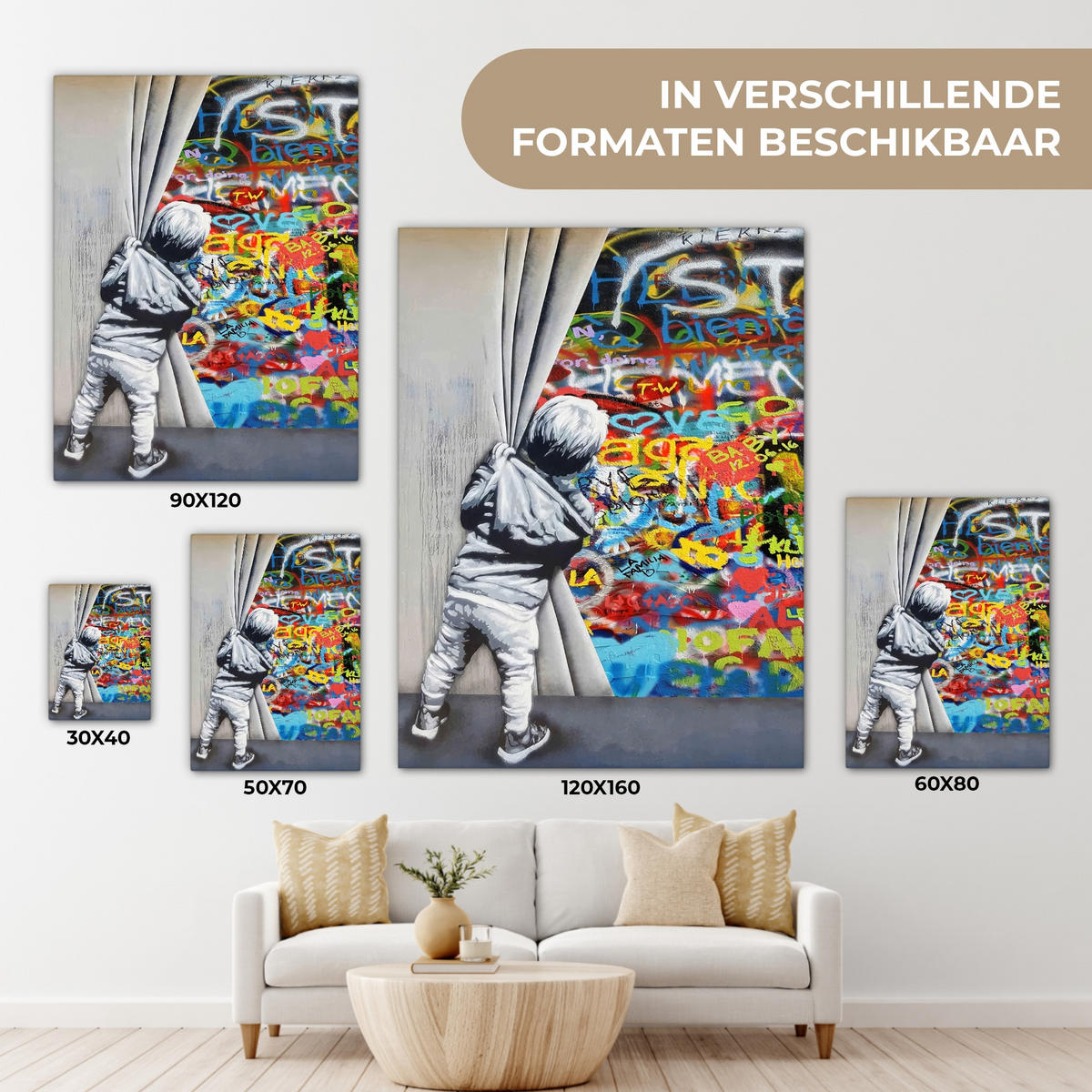 LEINWANDBILD Graffiti - Junge - Ilussie - Straßenkunst Wandbild Wohnzimmer 60x80 cm - Hellgrau, Textil (60/80cm) - MuchoWow