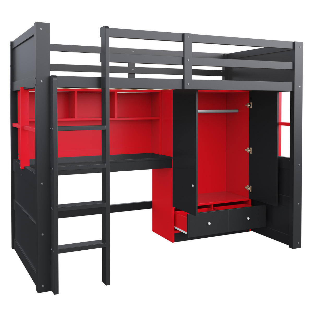 HOCHBETT 90/200 cm in Schwarz und Rot mit LED, Steckdosen, Leiter und Stauraum - Schwarz, Holz/Holzwerkstoff (90/200cm) - WISHDOR