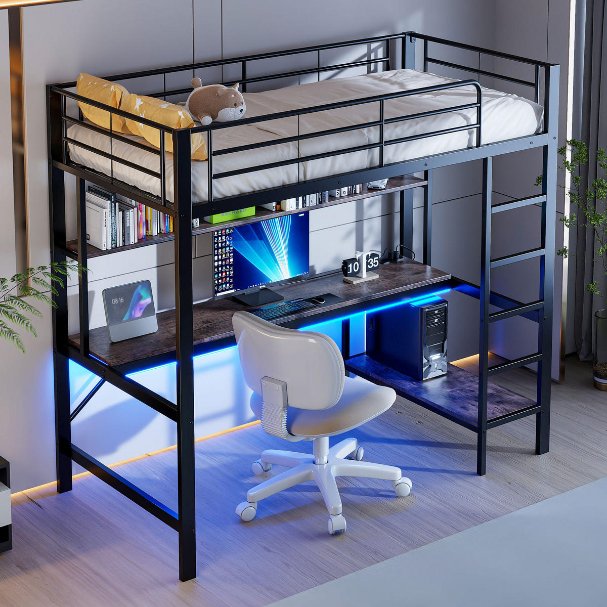 HOCHBETT mit Schreibtisch 90/200 cm in Schwarz – mit Regal, USB und LED - Schwarz, Metall (90/200cm) - BEAOK