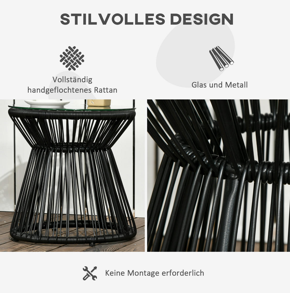 BEISTELLTISCH 40/40/42 cm mit gehärteter Glasplatte und PE-Rattan-Geflecht im Boho-Stil, Schwarz - Schwarz, Metall (40/40/42cm) - Redom