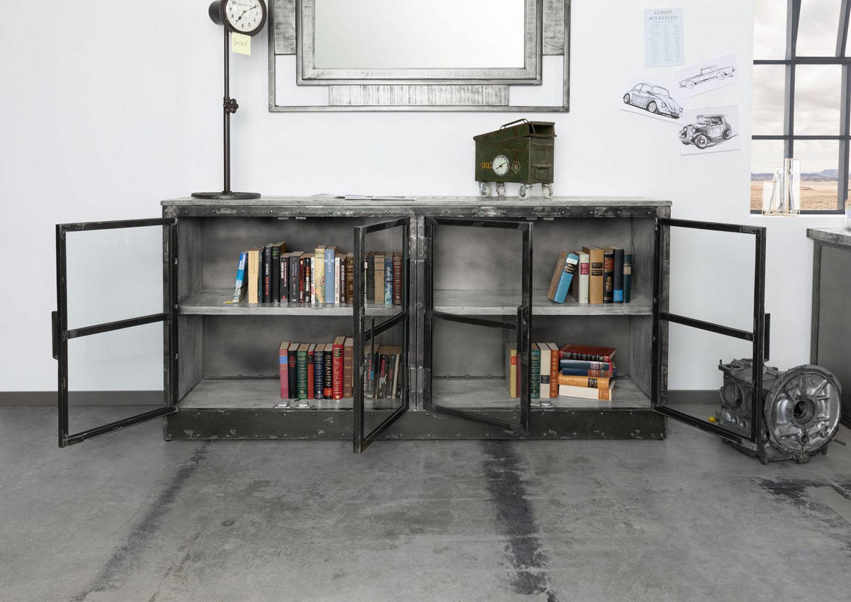SIDEBOARD Mango 180x40x90 grau lackiert HEAVY INDUSTRY #152 - Grau, Holz (180/90/40cm) - Massivmoebel24
