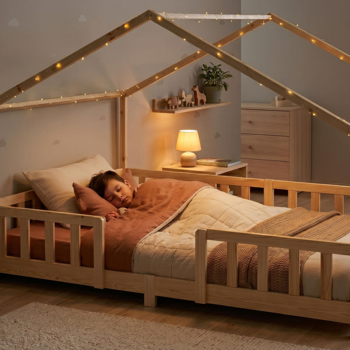 HAUSBETT Treviolo mit Matratze - Naturfarben, Holz/Textil (140/200cm) - [en.casa]