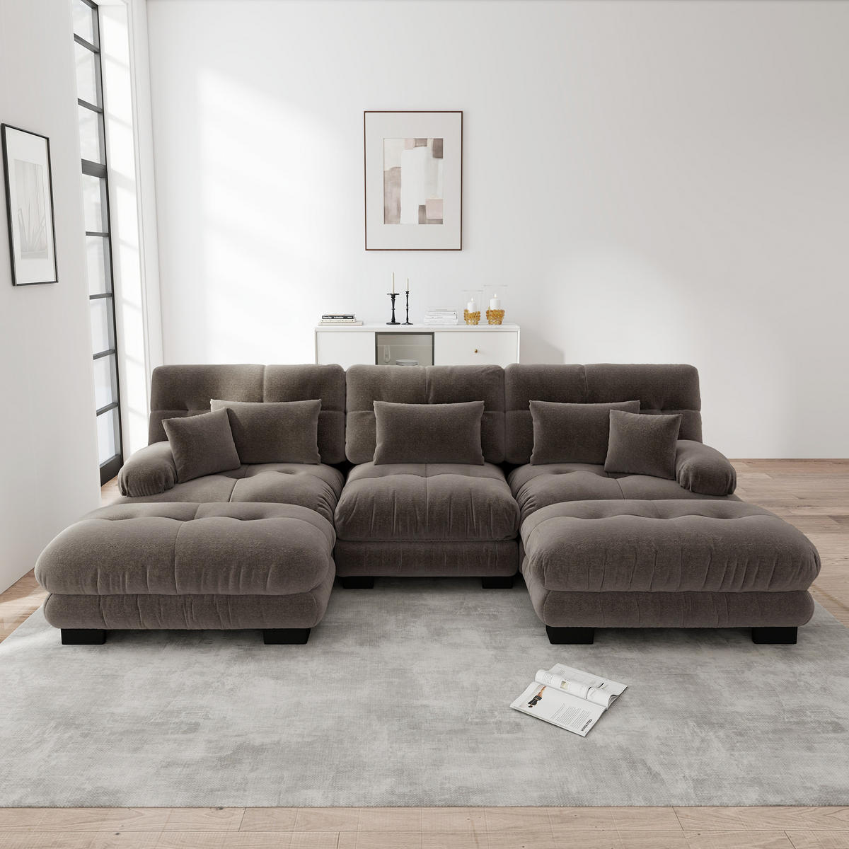 WOHNLANDSCHAFT 5-Sitzer Chenille Braun mit Kissen und Ottomane - Braun, Textil (313/81/145cm) - WISHDOR