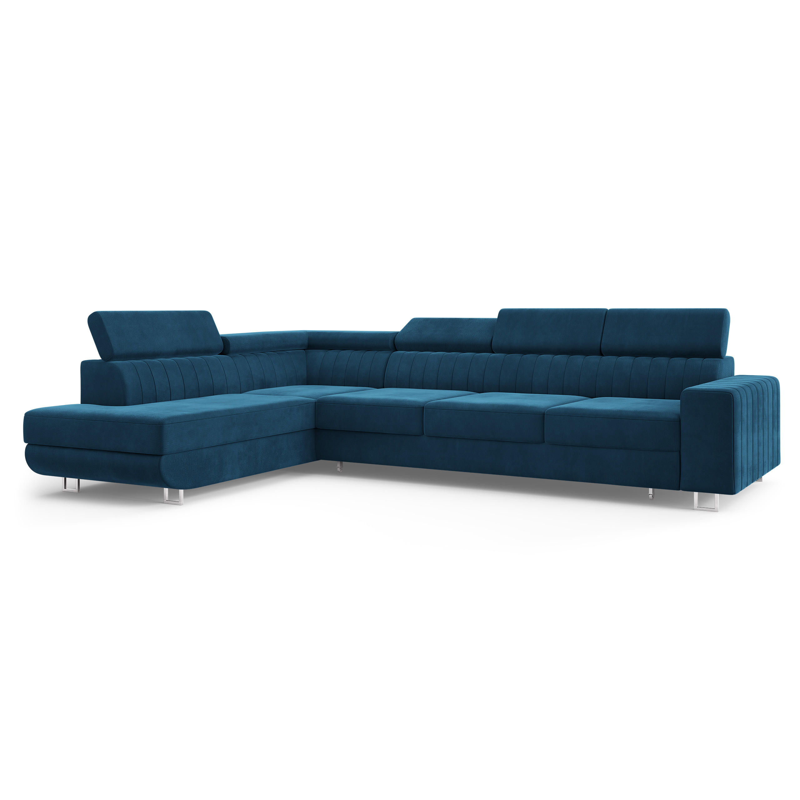 ECKSOFA HESTION Blau Velours-Stoff mit Schlaffunktion - Blau, Holz (332/190cm) - MASSENO
