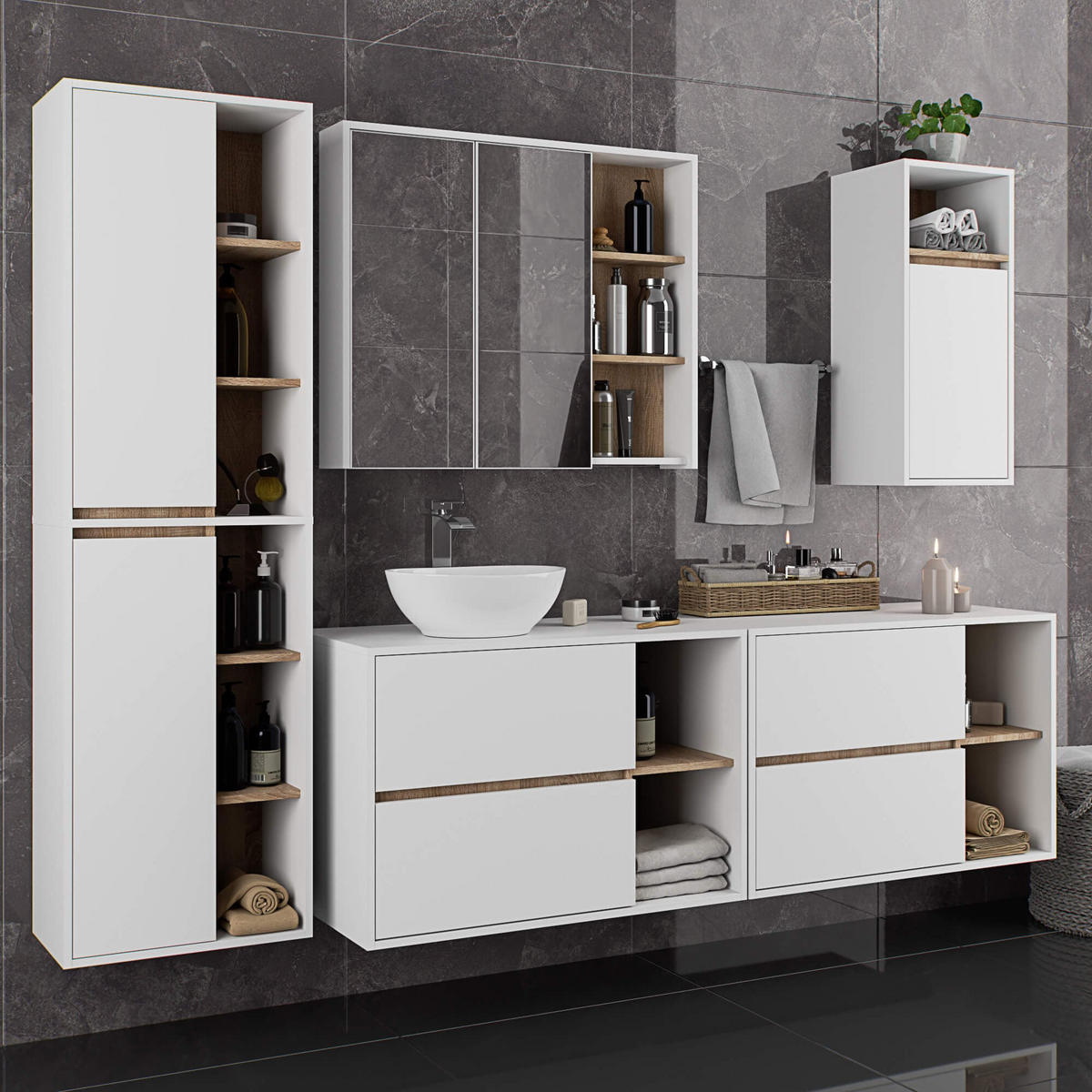 BAD HOCHSCHRANK Vami Weiß, Sonoma Eiche - Weiß/Sonoma Eiche, Holzwerkstoff (50/170/30cm) - Akord