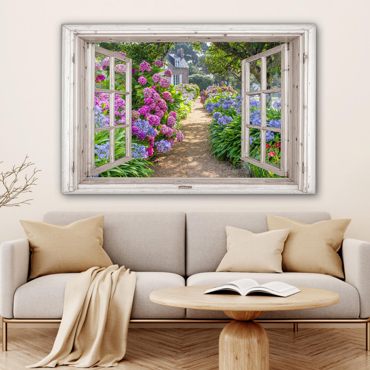 LEINWANDBILD Hortensie - Durchsichtig - Blumen - Sommer - Lila - Weg Wohnzimmer 120x80 cm - Lila, Textil (120/80cm) - MuchoWow
