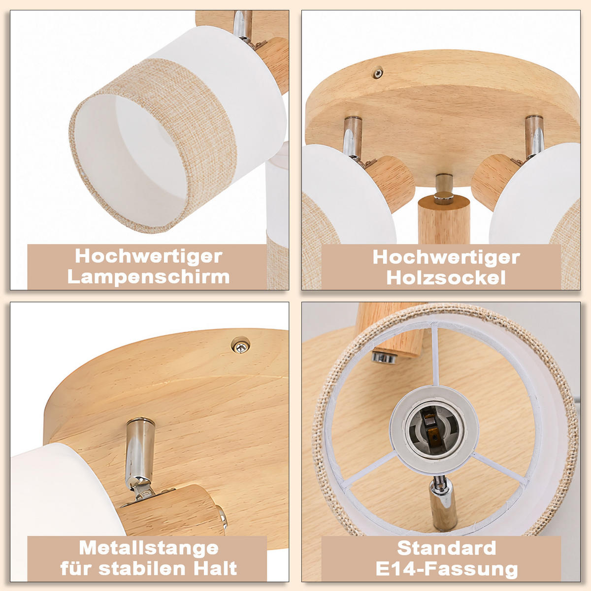 DECKENSTRAHLER Morvric 20/20/21 cm - Braun/Weiß, Holz/Textil (20/20/21cm) - ZMH