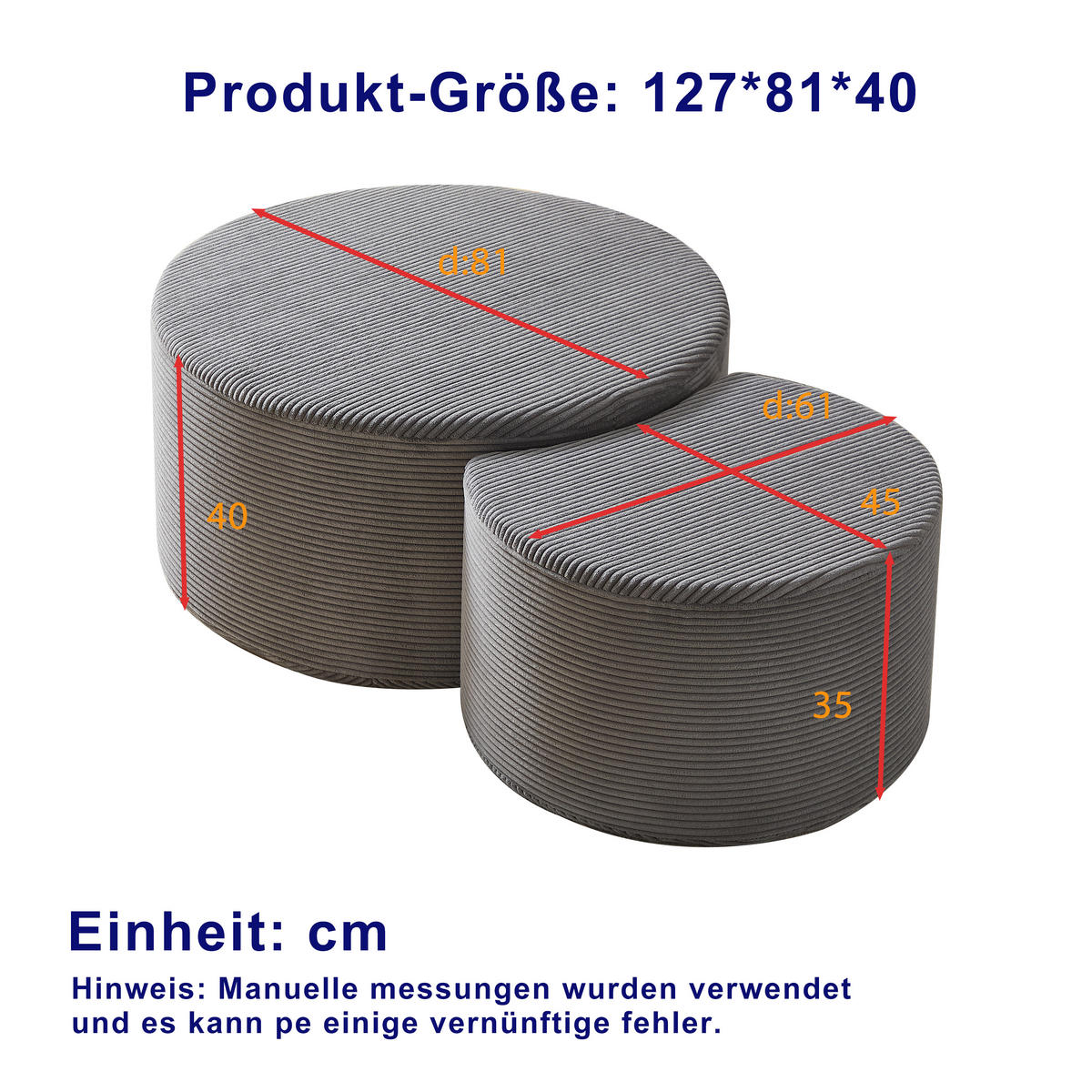 COUCHTISCH Set 2-teilig grau mit gepolstertem Design - Grau, Holzwerkstoff (127/81/40cm) - OKWISH