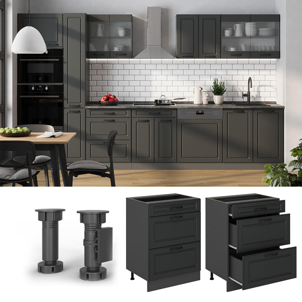 KÜCHENUNTERSCHRANK R-Line Anthrazit Landhaus 60 cm mit Schubladen, AP Eiche - Anthrazit, Holzwerkstoff (60/81.6/60cm) - Vicco