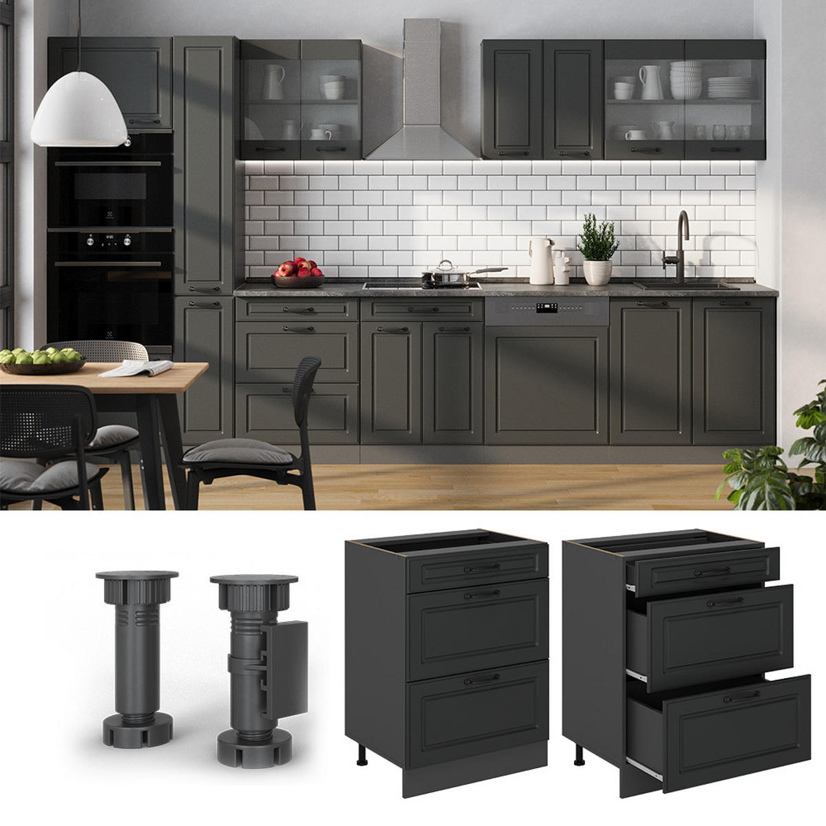 KÜCHENUNTERSCHRANK R-Line Anthrazit Landhaus 60 cm mit Schubladen, AP Eiche - Anthrazit, Holzwerkstoff (60/81.6/60cm) - Vicco