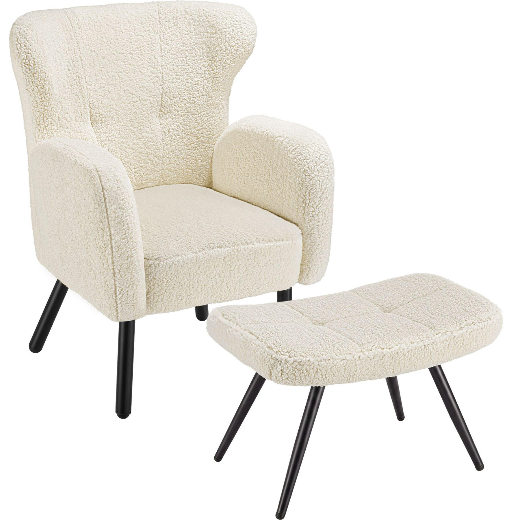 SESSEL MIT HOCKER Vänersborg, Belastbarkeit 120 kg, Bouclé creme/schwarz - Creme/Schwarz, Kunststoff (72/92/71cm) - tectake