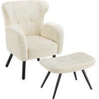 SESSEL MIT HOCKER Vänersborg, Belastbarkeit 120 kg, Bouclé creme/schwarz - Creme/Schwarz, Kunststoff (72/92/71cm) - tectake