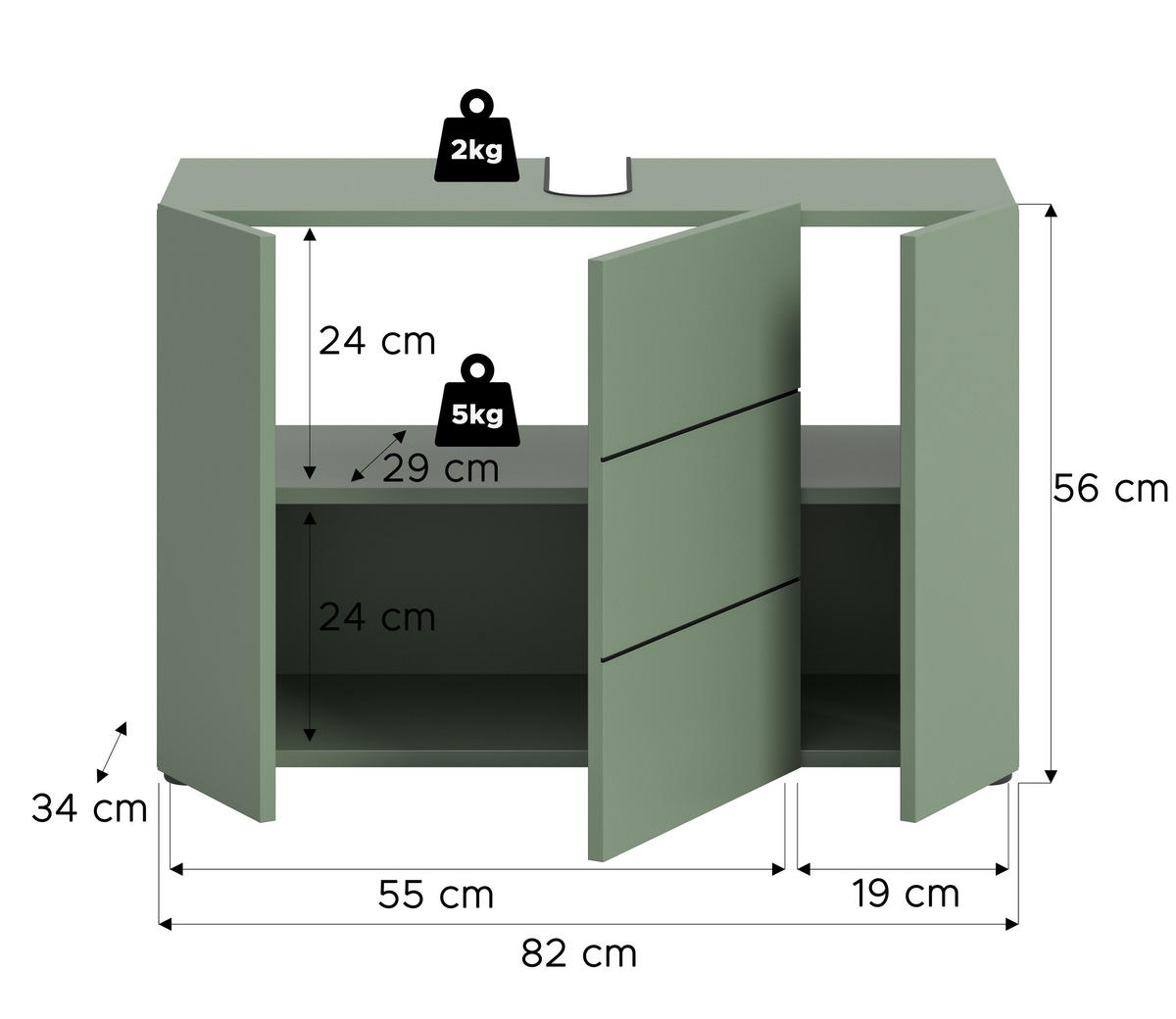 WASCHBECKENUNTERSCHRANK VIRA (B/H/T: ca. 82/56/34 cm) in Smoke Green/Smoke Green - Grün, Holz (82/56/34cm)