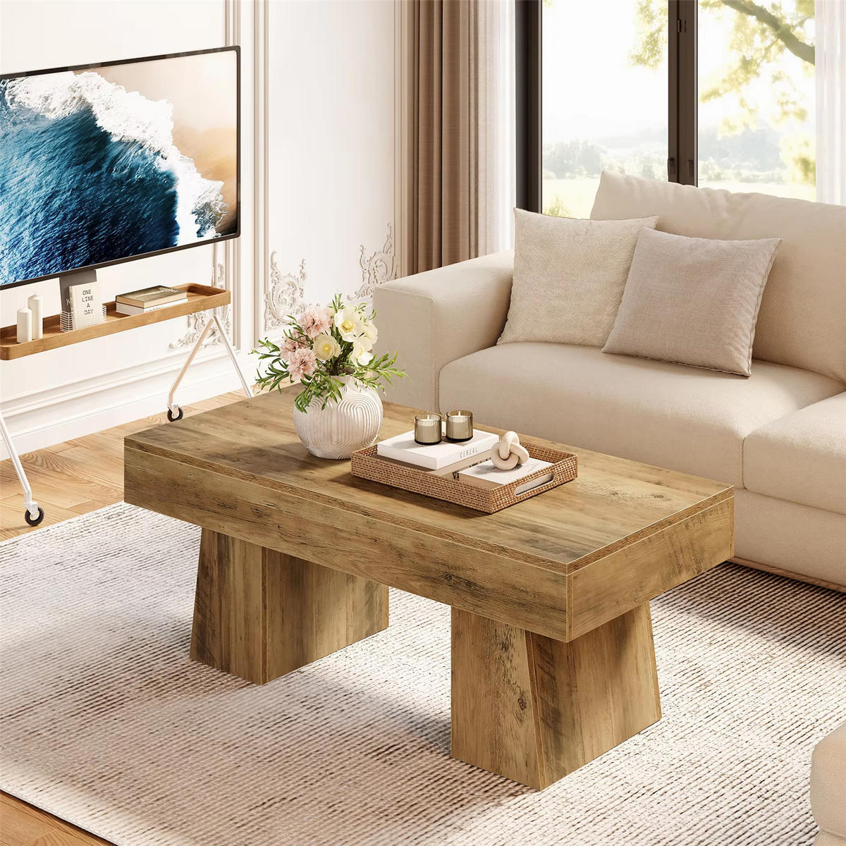 COUCHTISCH 120 cm mit massivem Sockel - Naturfarben, Holz (60/120/50cm) - Bomclap