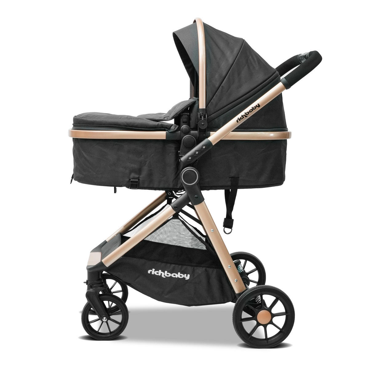 BUGGYS 2-in-1-Kombikinderwagen mit Babywanne 0-36 Monate kompakt faltbar - Schwarz, Metall (80/62/103cm) - Raelunyi